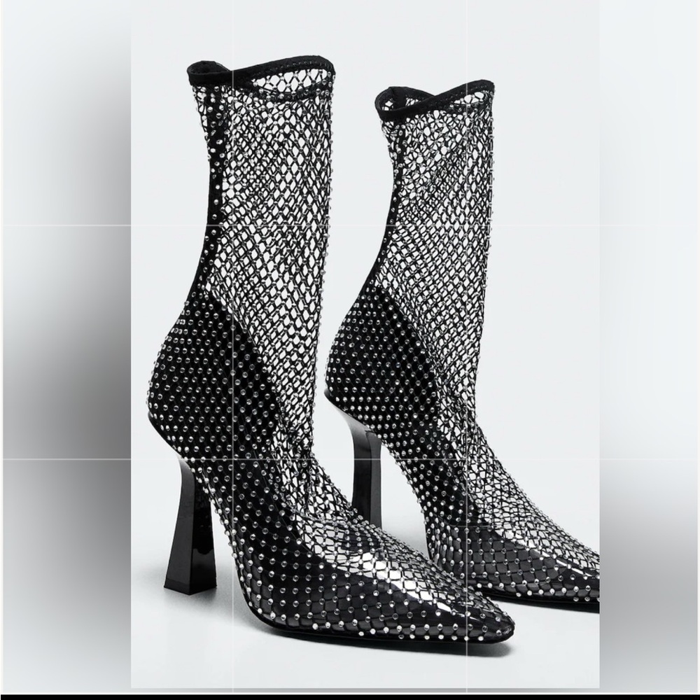 Mango MNG Black Mesh Rhinestone Heeled Boots - Picture 3 of 11
